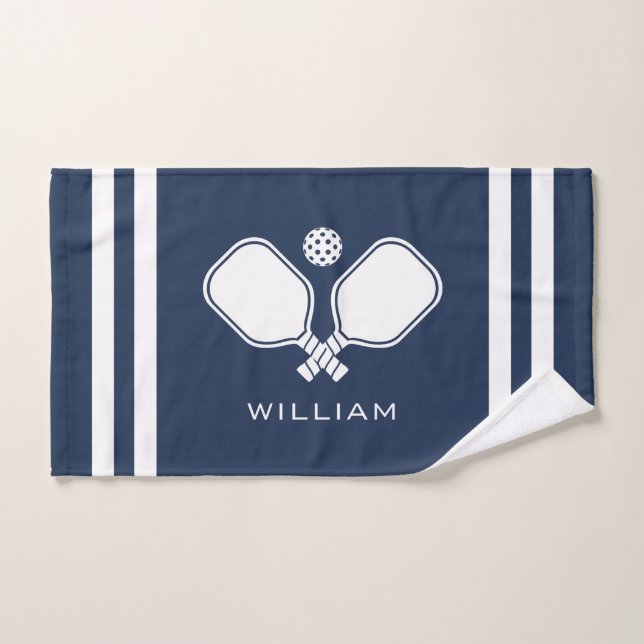 Personalized Name Pickleball Navy Blue Stripes  Hand Towel (Hand Towel)