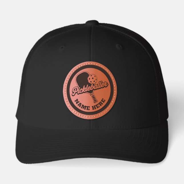 Personalized Name Pickleball Paddle And Ball Leather Patch Hat (Front)