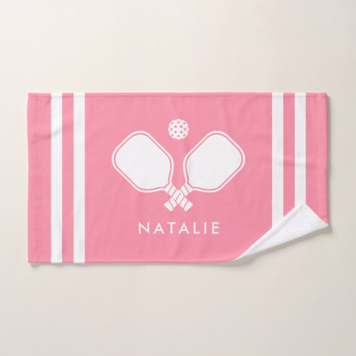 Personalized Name Pickleball Pink Stripes Hand Towel