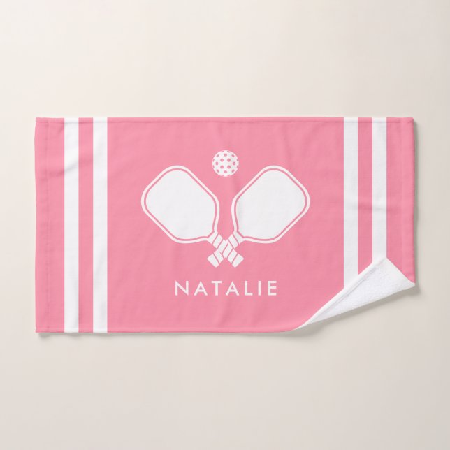 Personalized Name Pickleball Pink Stripes Hand Towel (Hand Towel)