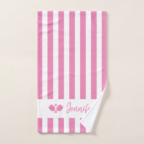 Personalized Name Pickleball Pink Stripes Hand Towel