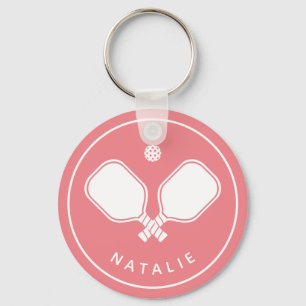 Personalized Name Pickleball Pink & White Keychain