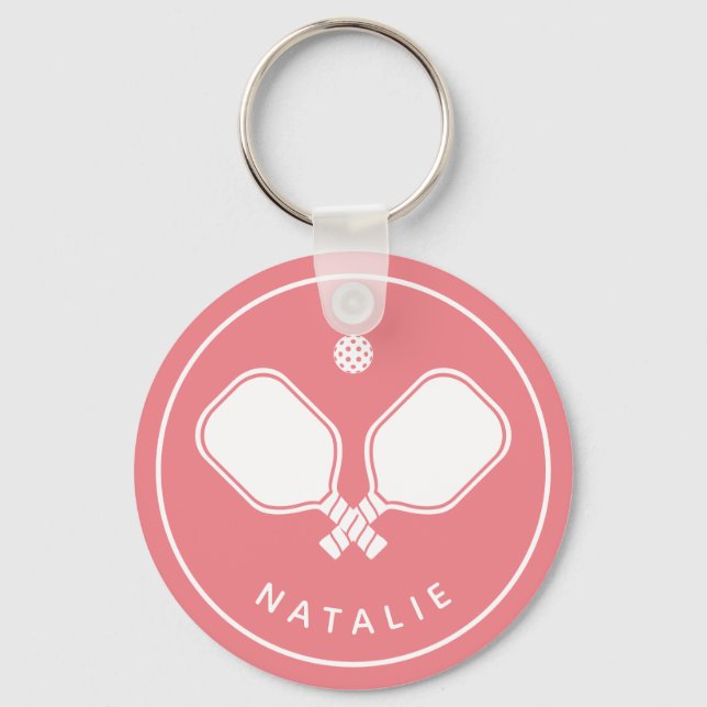 Personalized Name Pickleball Pink & White Keychain (Front)