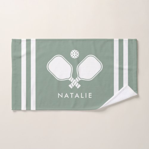 Personalized Name Pickleball Sage Green Stripes Hand Towel