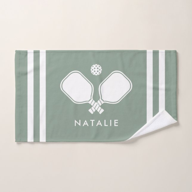 Personalized Name Pickleball Sage Green Stripes Hand Towel (Hand Towel)
