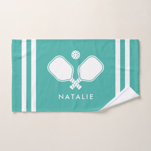 Personalized Name Pickleball Turquoise Blue Stripe Hand Towel