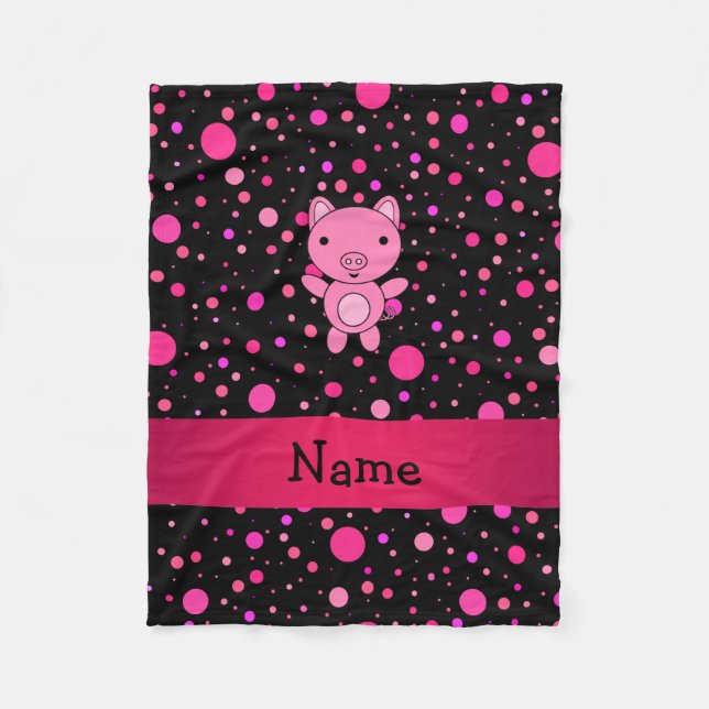 Personalized name pig black pink polka dots fleece blanket (Front)