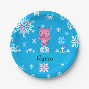 Personalized name pig blue snowflakes paper plates