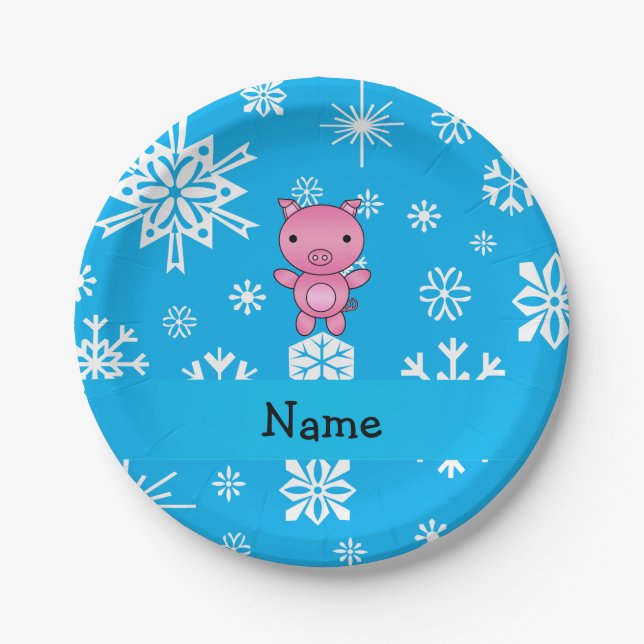 Personalized name pig blue snowflakes paper plates (Front)