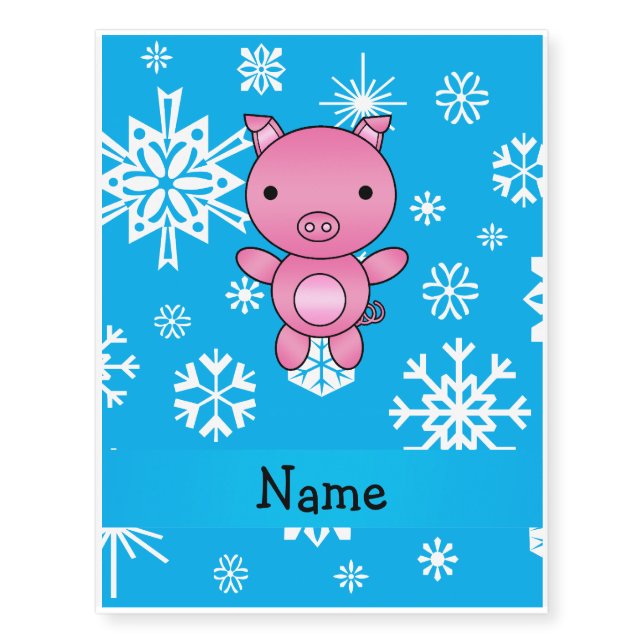 Personalized name pig blue snowflakes temporary tattoos (Front)