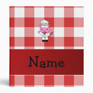 Personalized name pig chef red white checker 3 ring binder
