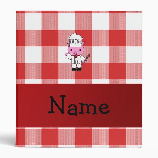Personalized name pig chef red white checker 3 ring binder (Front)