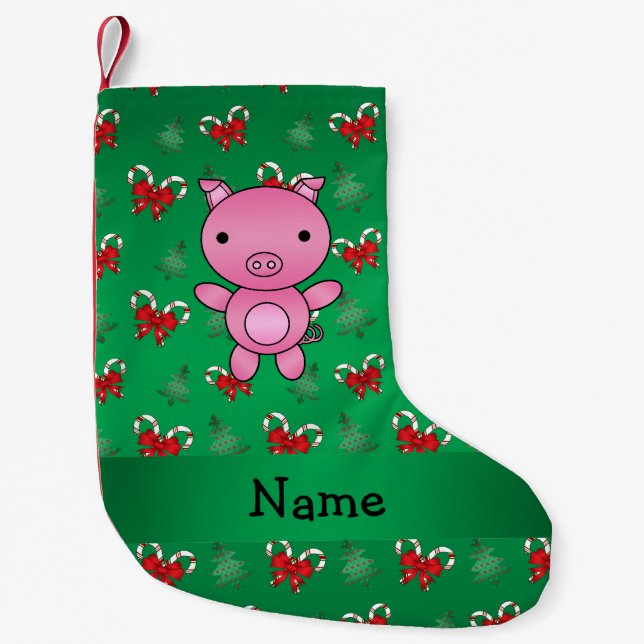 Personalized name pig green candy canes bows small christmas stocking (Front)