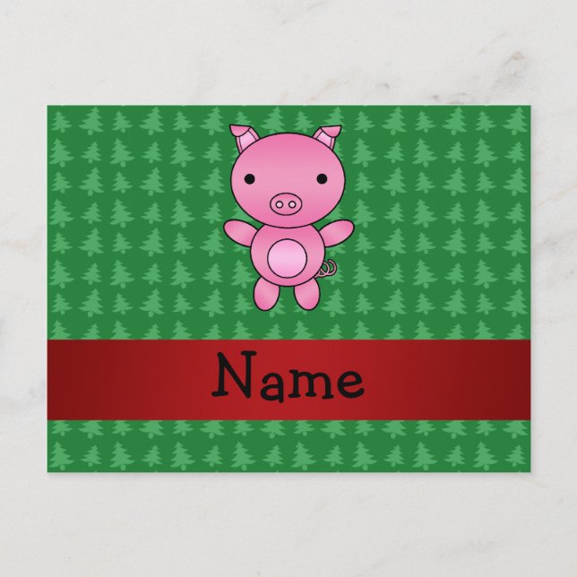 Personalized name pig green christmas trees holiday postcard (Front)