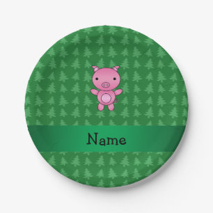 Personalized name pig green christmas trees paper plates