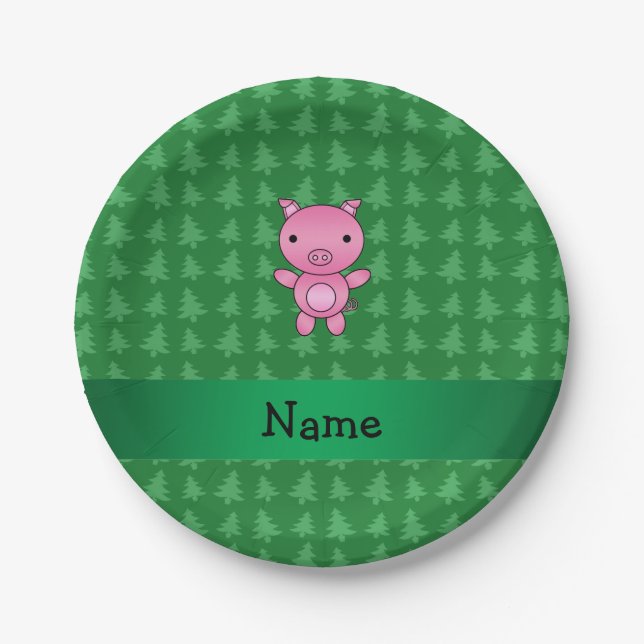 Personalized name pig green christmas trees paper plates (Front)