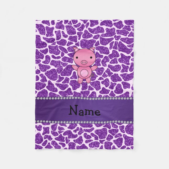 Personalized name pig purple glitter giraffe print fleece blanket (Front)