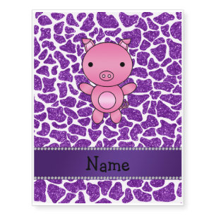Personalized name pig purple glitter giraffe print temporary tattoos