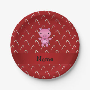 Personalized name pig red candy canes paper plates