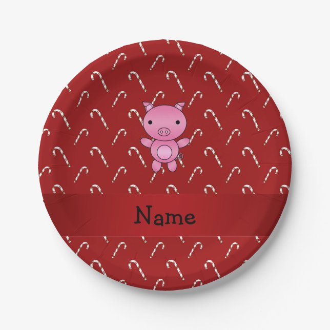 Personalized name pig red candy canes paper plates (Front)