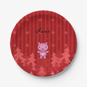 Personalized name pig red christmas trees stripes paper plates