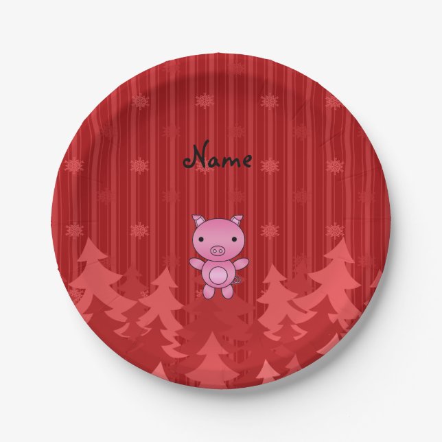 Personalized name pig red christmas trees stripes paper plates (Front)