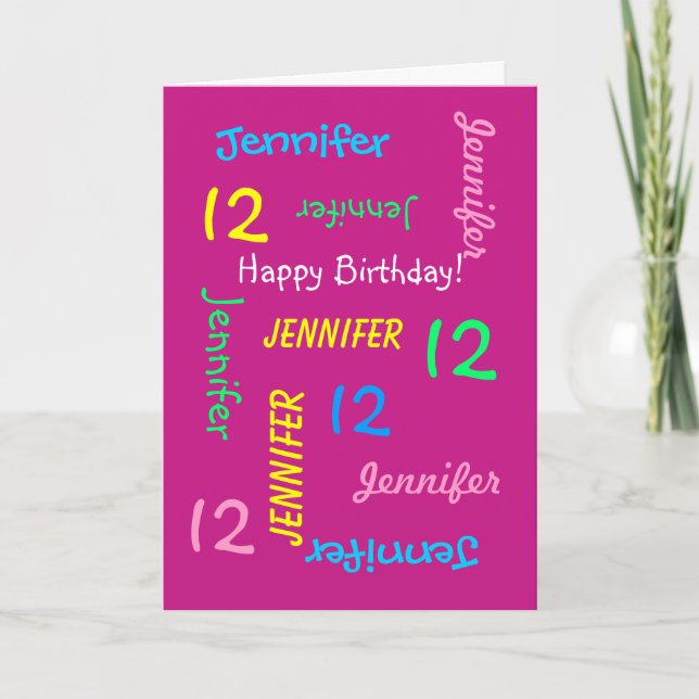 Personalized Name, Pink, 12 Years Old, Greeting Card (Front)