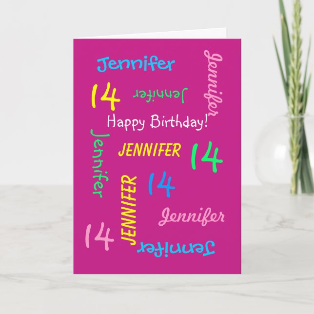 Personalized Name,  Pink, 14th Birthday Greeting Card (Front)