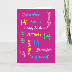 Personalized Name, Pink, 14th Birthday Greeting Card