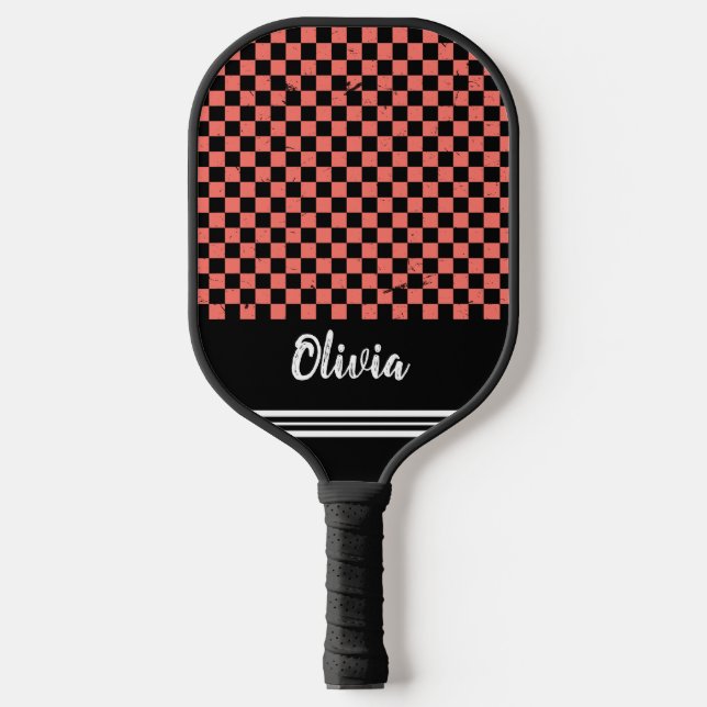 Personalized Name pink and black Checker Pattern  Pickleball Paddle (Front)