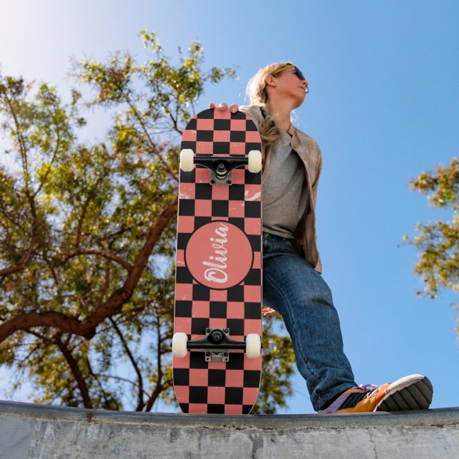 Personalized Name pink and black Checkerboard  Skateboard (Outdoor 1)