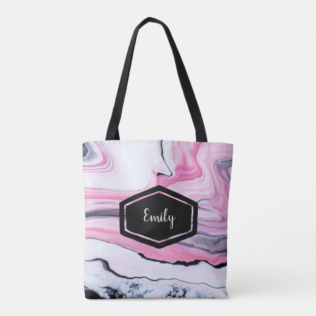 Personalized name pink and black marble tote bag (Back)