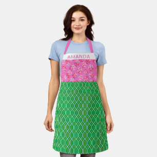 Personalized Name Pink and Green Retro Geometric Apron