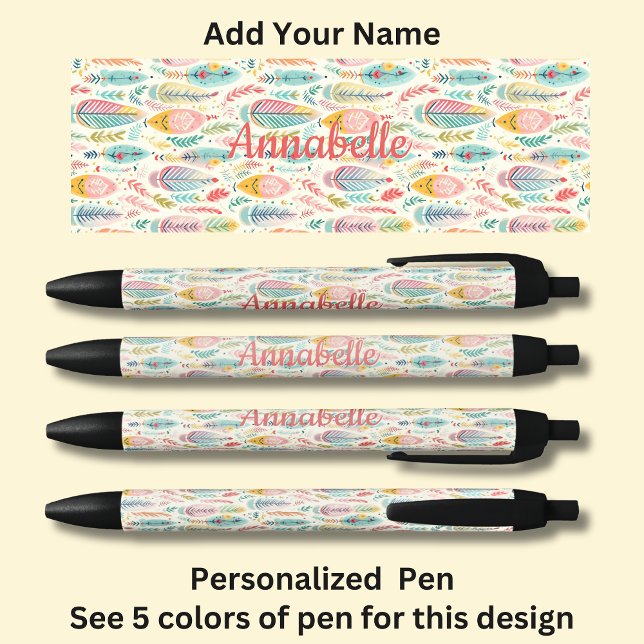Personalized Name, Pink Aqua Boho Feathers Pen (Creator Uploaded)