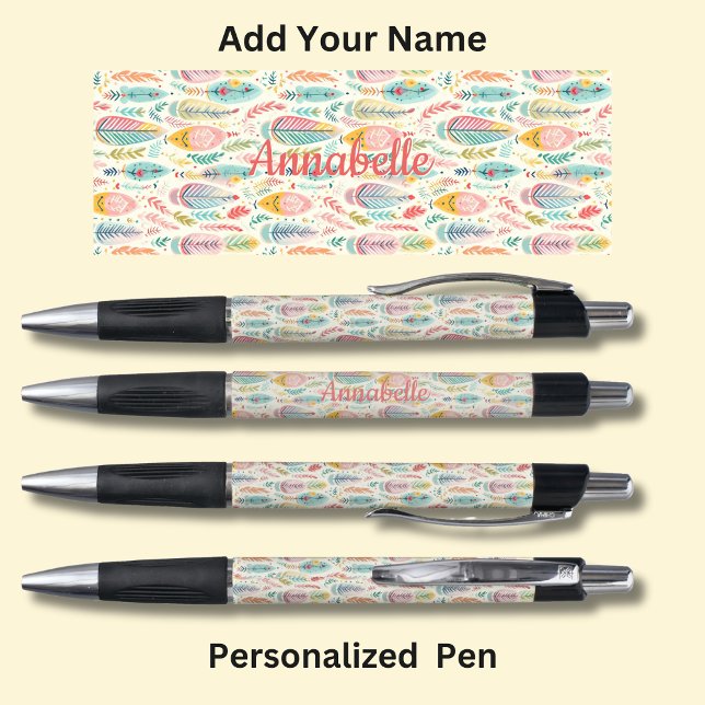 Personalized Name, Pink Aqua Boho Feathers Pen (Creator Uploaded)