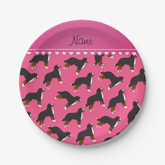 Personalized name pink Bernese Mountain dogs Paper Plates (Front)
