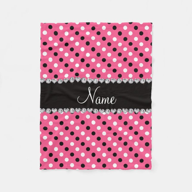 Personalized name pink black white polka dots fleece blanket (Front)