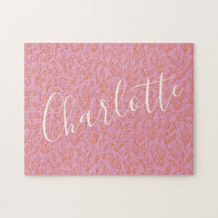 Personalized Name Pink Botanical Elegant Script Jigsaw Puzzle