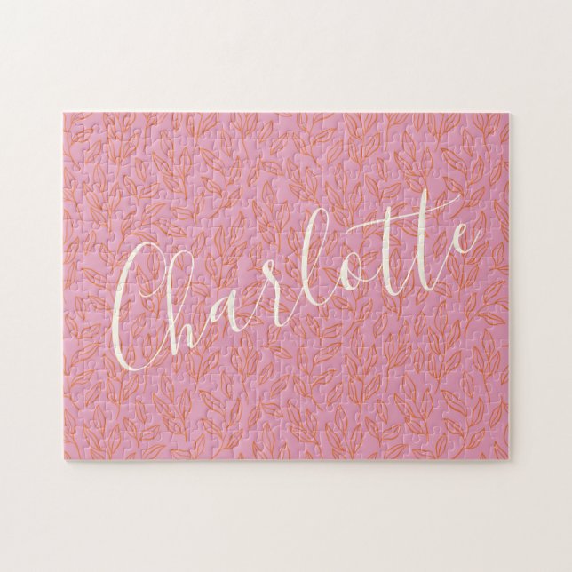 Personalized Name Pink Botanical Elegant Script Jigsaw Puzzle (Horizontal)