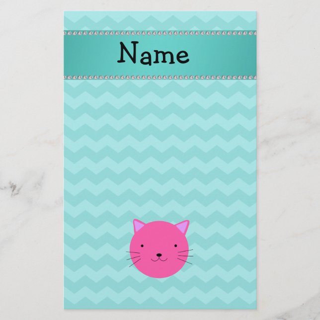 Personalized name pink cat face turquoise chevrons stationery (Front)