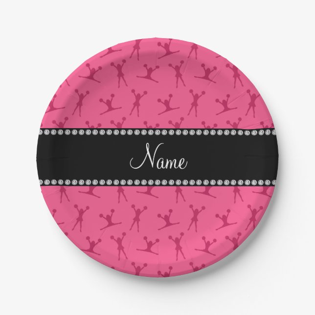 Personalized name pink cheerleader pattern paper plates (Front)