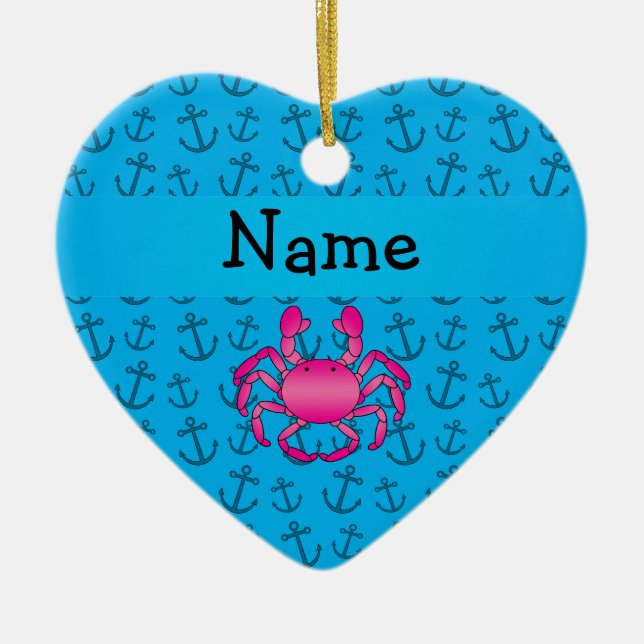 Personalized name pink crab blue anchors pattern ceramic ornament (Front)
