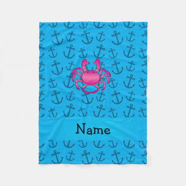 Personalized name pink crab blue anchors pattern fleece blanket (Front)
