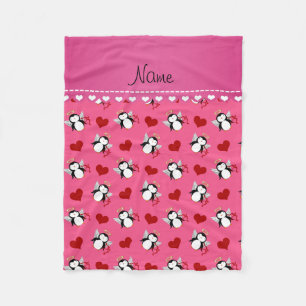 Personalized name pink cupid penguins red hearts fleece blanket