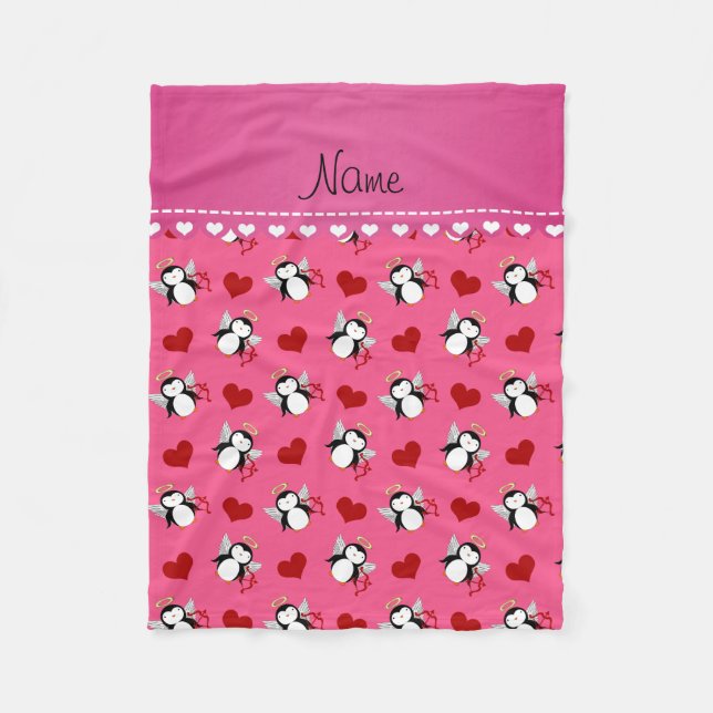 Personalized name pink cupid penguins red hearts fleece blanket (Front)