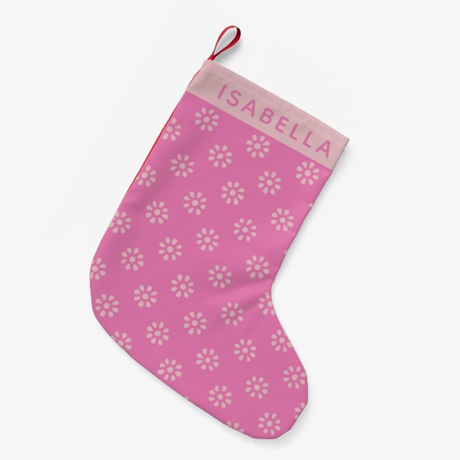 Personalized Name Pink Daisy Cheerful Christmas Small Christmas Stocking (Front (Hanging))