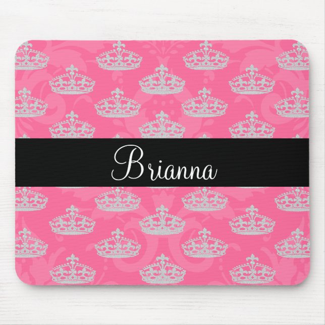 Personalized Name Pink Damask Diamond Crown Mouse Pad (Front)
