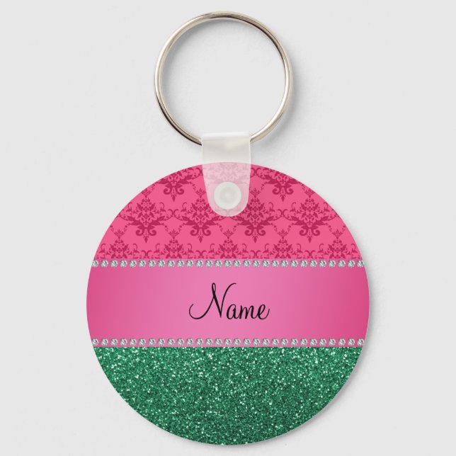 Personalized name pink damask green glitter keychain (Front)