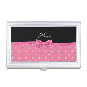 Personalized name pink diamonds pink bow business card holder