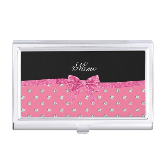 Personalized name pink diamonds pink bow business card holder (Front)